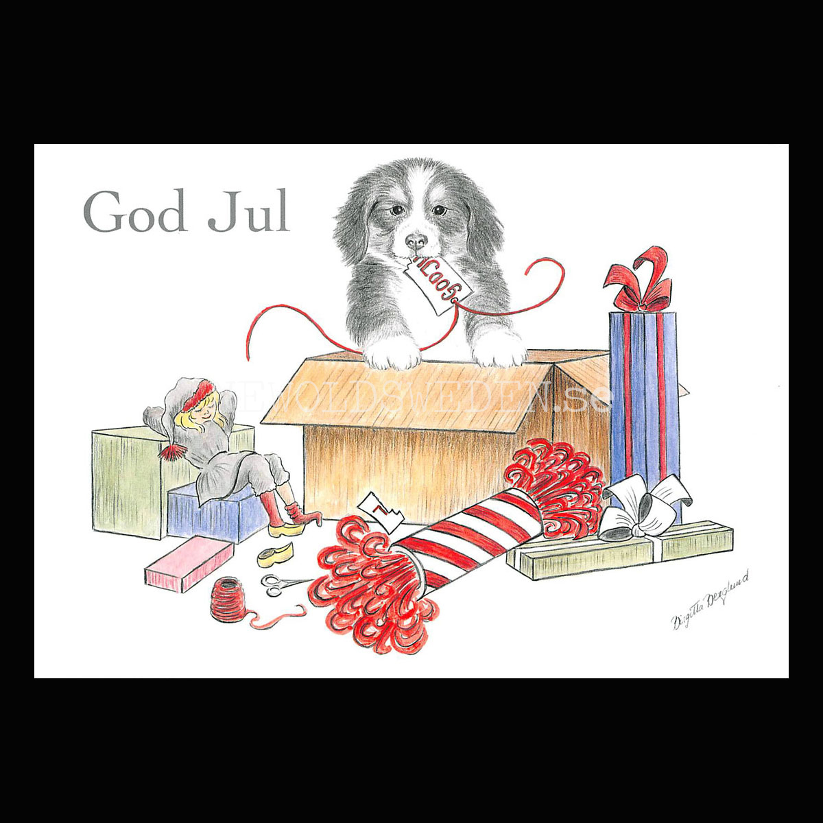Julkort Nisse och Hundvalpen God Jul - Birgitta Berglund Nr: 27 - Vykort A5
