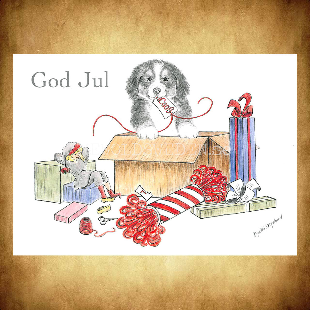Julkort Nisse och Hundvalpen God Jul - Birgitta Berglund Nr: 27 - Vykort A5 - 2