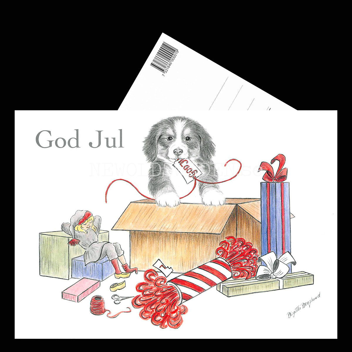 Julkort Nisse och Hundvalpen God Jul - Birgitta Berglund Nr: 27 - Vykort A5 - 3