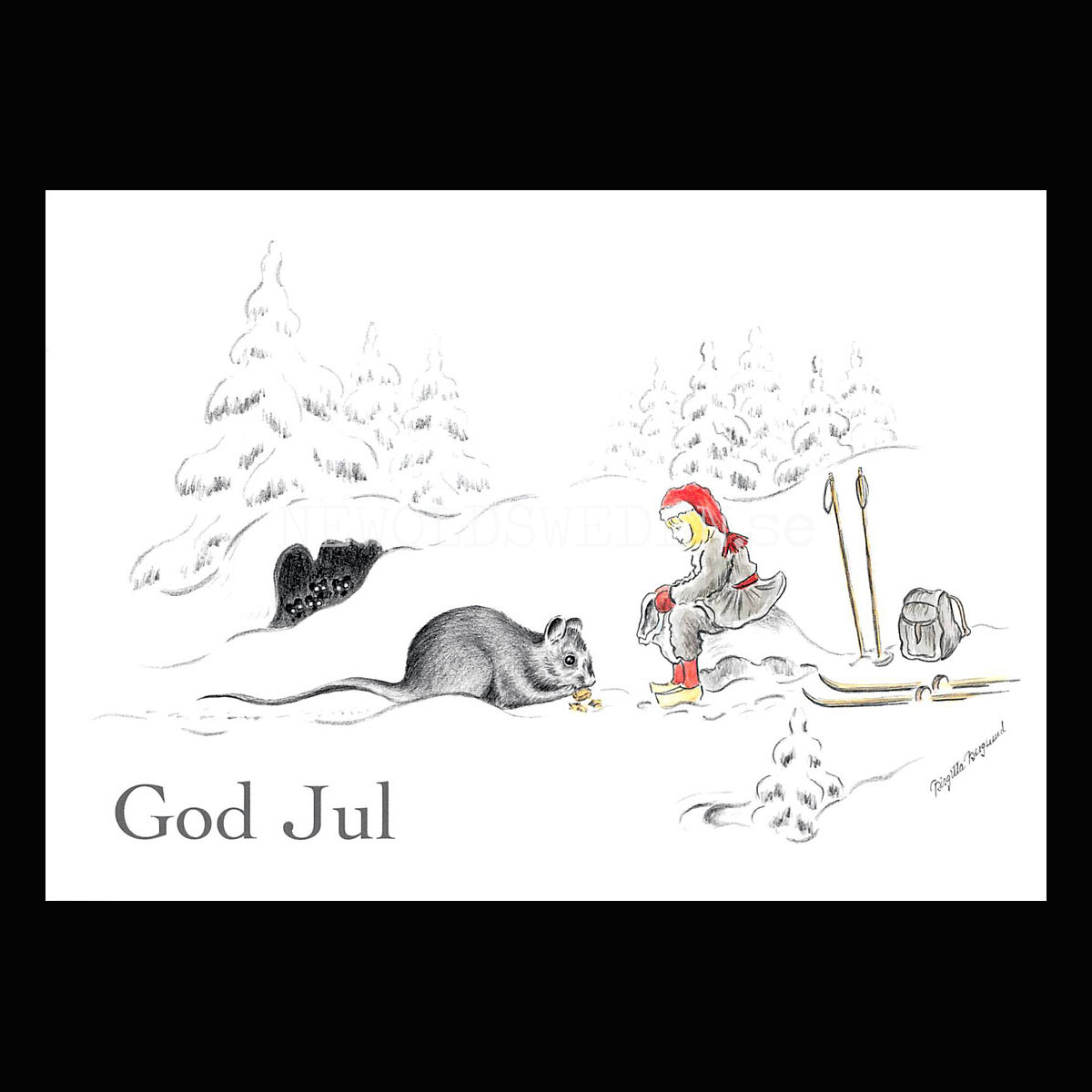 Julkort Nisse och Skogsmusen God Jul - Birgitta Berglund Nr: 28 - Vykort A5