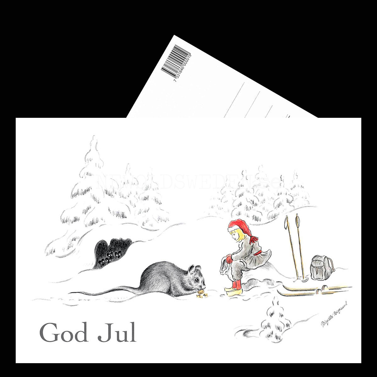Julkort Nisse och Skogsmusen God Jul - Birgitta Berglund Nr: 28 - Vykort A5 - 3