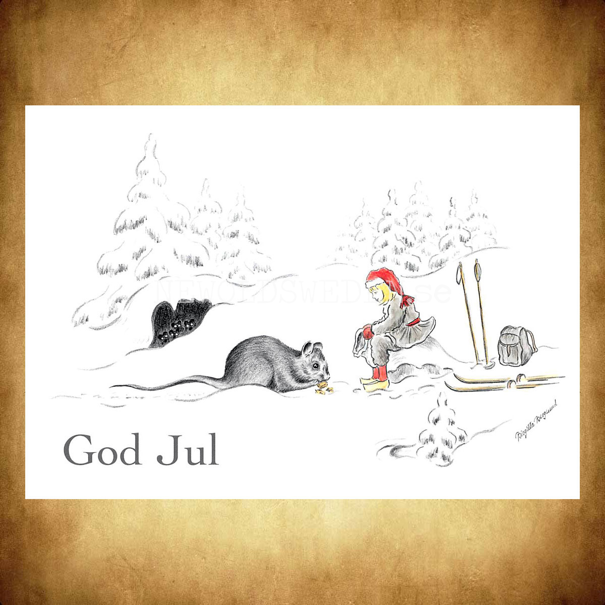 Julkort Nisse och Skogsmusen God Jul - Birgitta Berglund Nr: 28 - Vykort A5 - 2