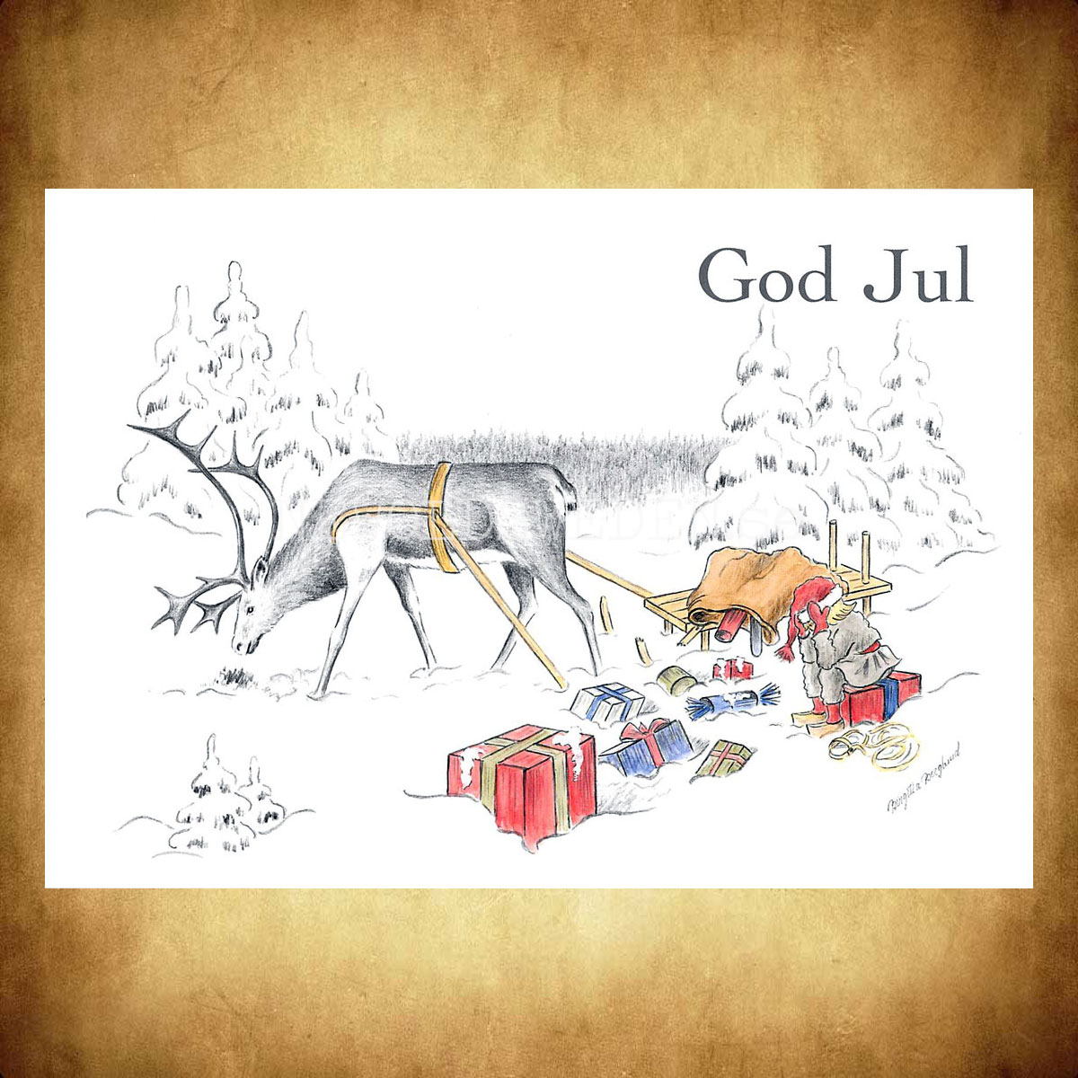 Julkort Nisse och Renen God Jul - Birgitta Berglund Nr: 29 - Vykort A5 - 2