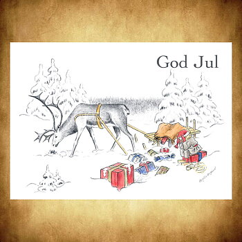 Julkort Nisse och Renen God Jul - Birgitta Berglund Nr: 29 - Vykort A5