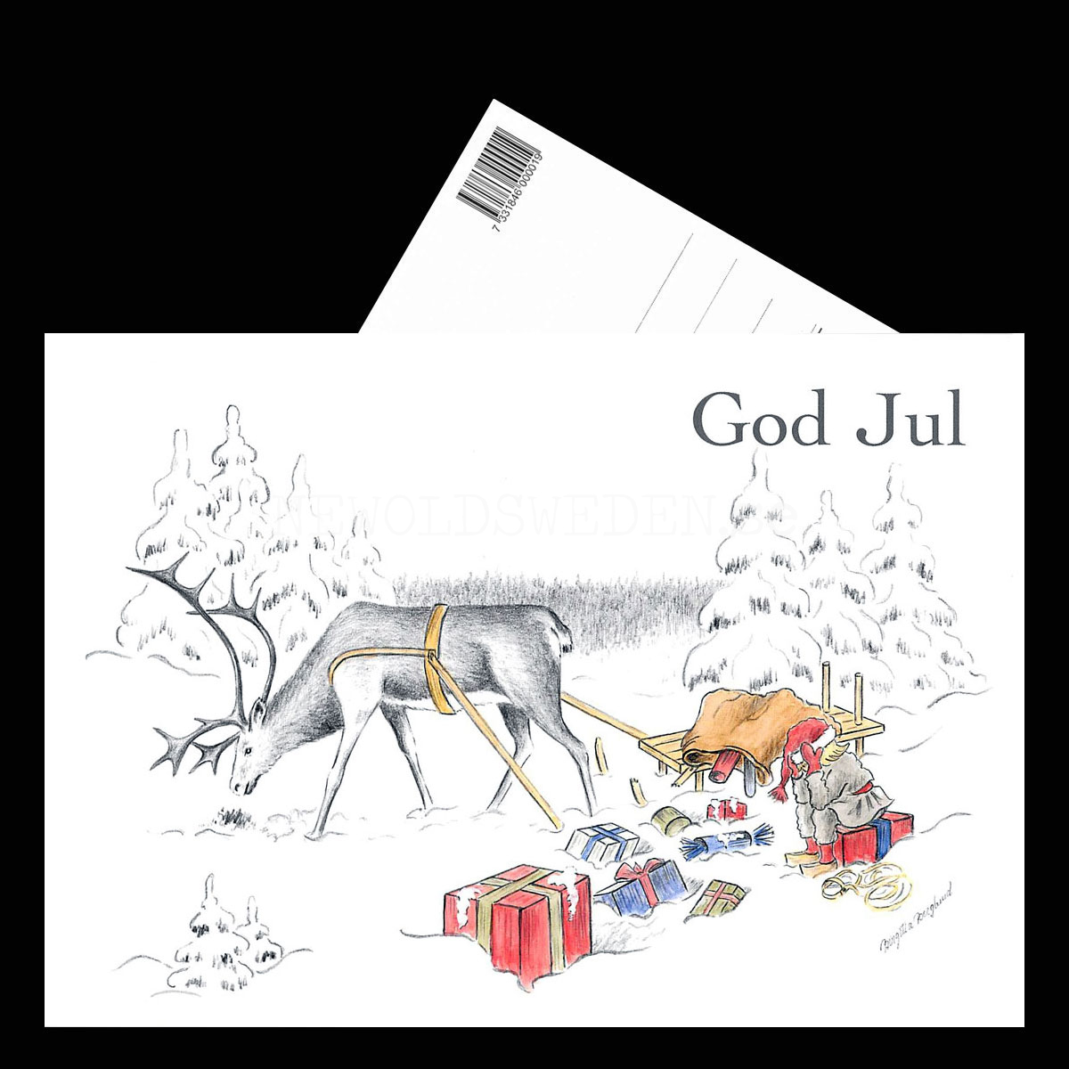 Julkort Nisse och Renen God Jul - Birgitta Berglund Nr: 29 - Vykort A5 - 3