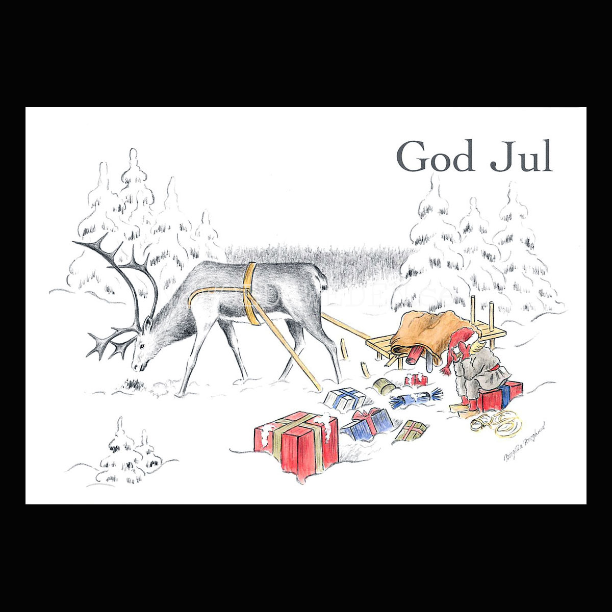 Julkort Nisse och Renen God Jul - Birgitta Berglund Nr: 29 - Vykort A5