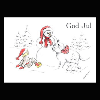 Julkort Nisse, Katten och Snögubben God Jul Nr: 30 - Birgitta Berglund - Vykort A5