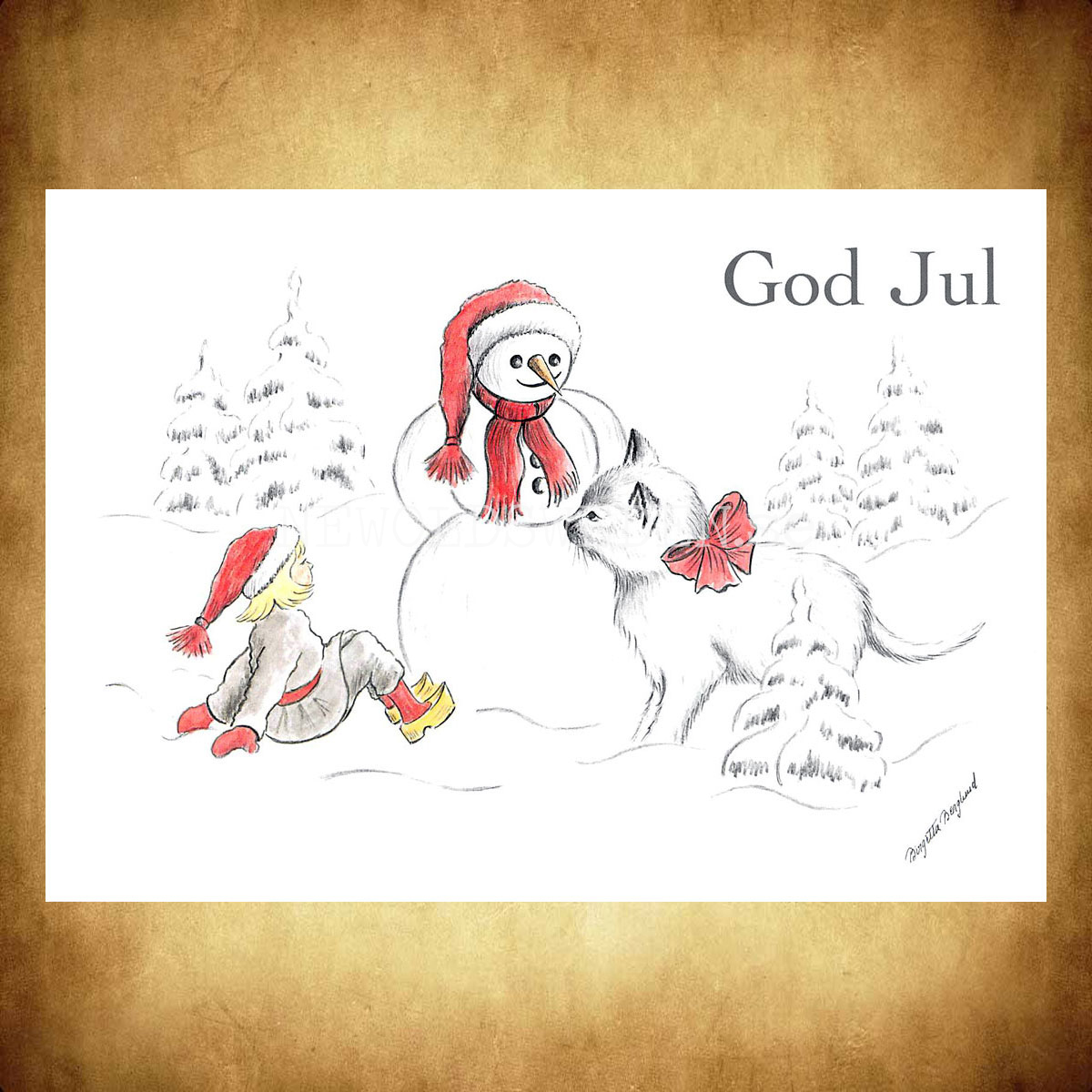 Julkort Nisse, Katten och Snögubben God Jul Nr: 30 - Birgitta Berglund - Vykort A5 - 2