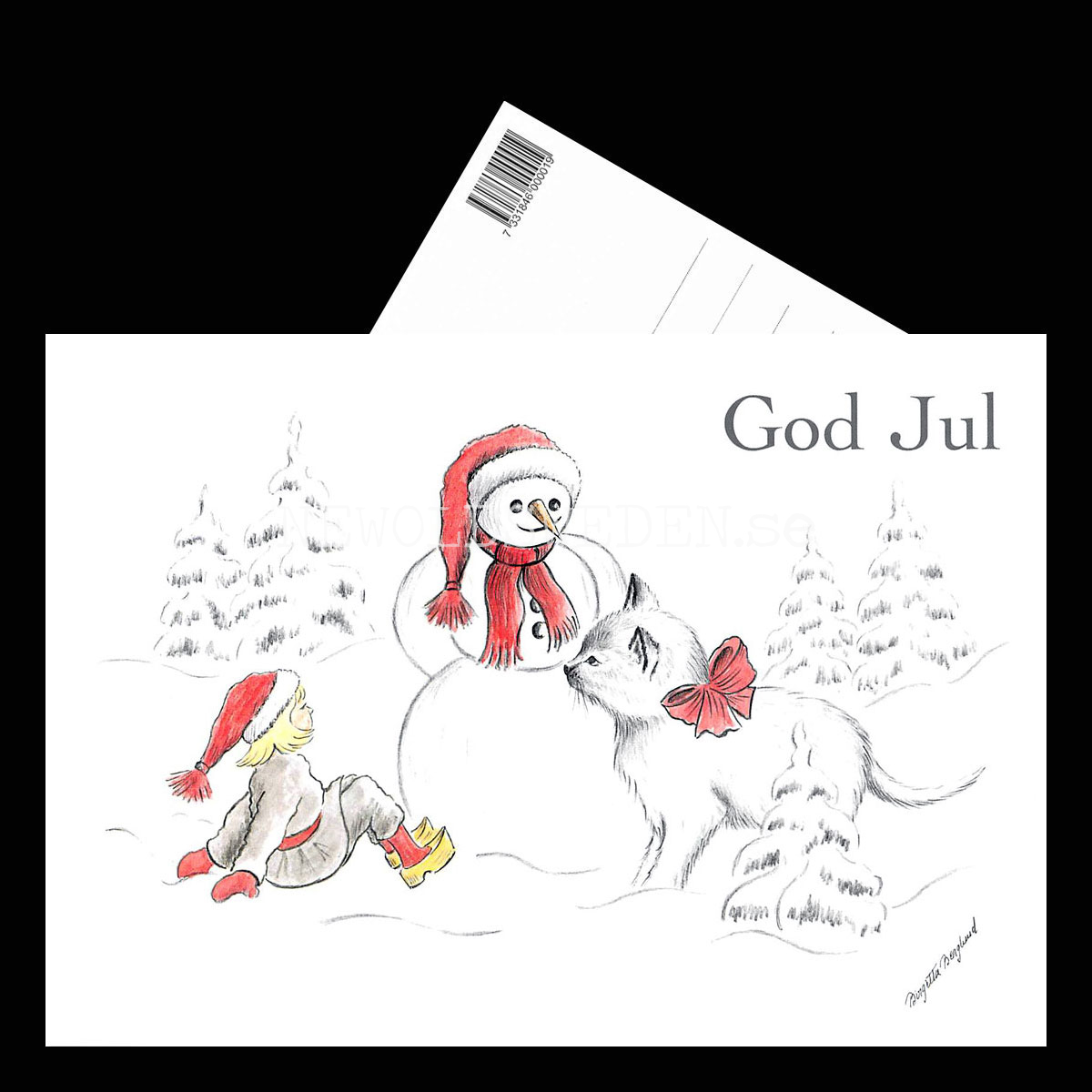 Julkort Nisse, Katten och Snögubben God Jul Nr: 30 - Birgitta Berglund - Vykort A5 - 3