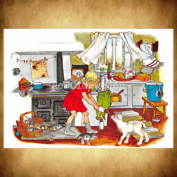 Vår i Bullerbyn - Vårt kök - Ilon Wikland - Astrid Lindgren - Vykort A6 - 100