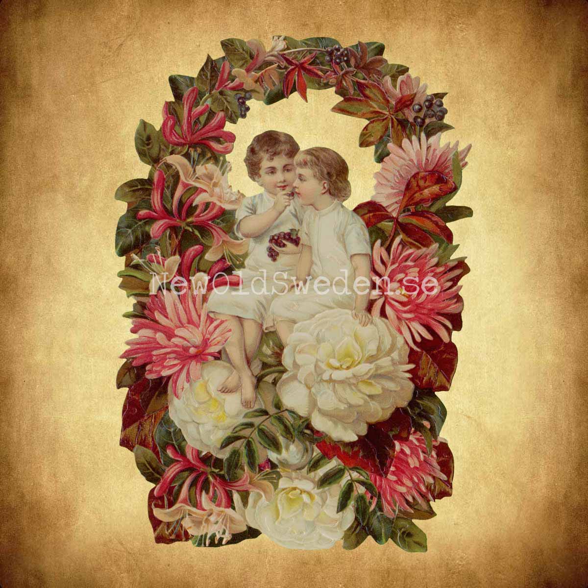 Brother and Sister in floral Wreath 11.5x16.5 cm - Bokmärke © Ernst Freihoff 5092 - 2