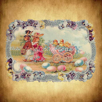 Easter Bunnies with decorated Handcart 16.5x11 cm - Bokmärke © Ernst Freihoff 5111