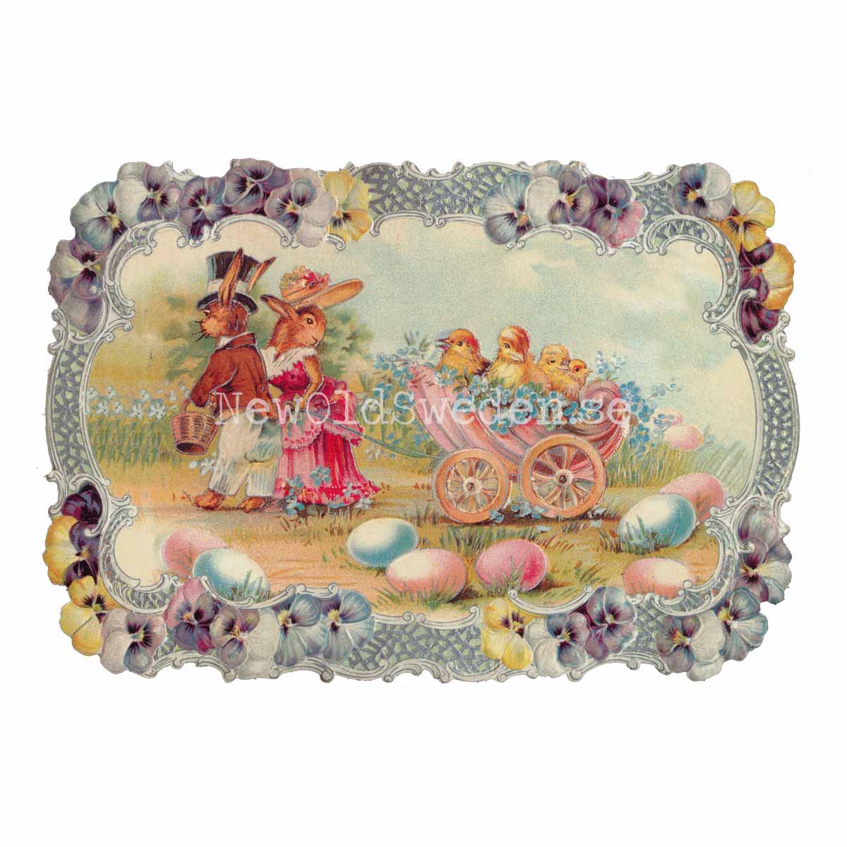 Easter Bunnies with decorated Handcart 16.5x11 cm - Bokmärke © Ernst Freihoff 5111 - 3