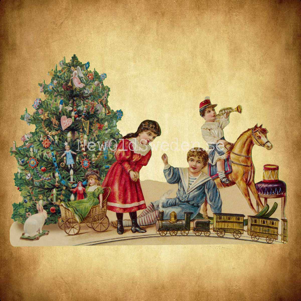 Children with Christmas Tree and Toy Train 16.5x11.5 cm - Bokmärke © Ernst Freihoff 5180 - 2