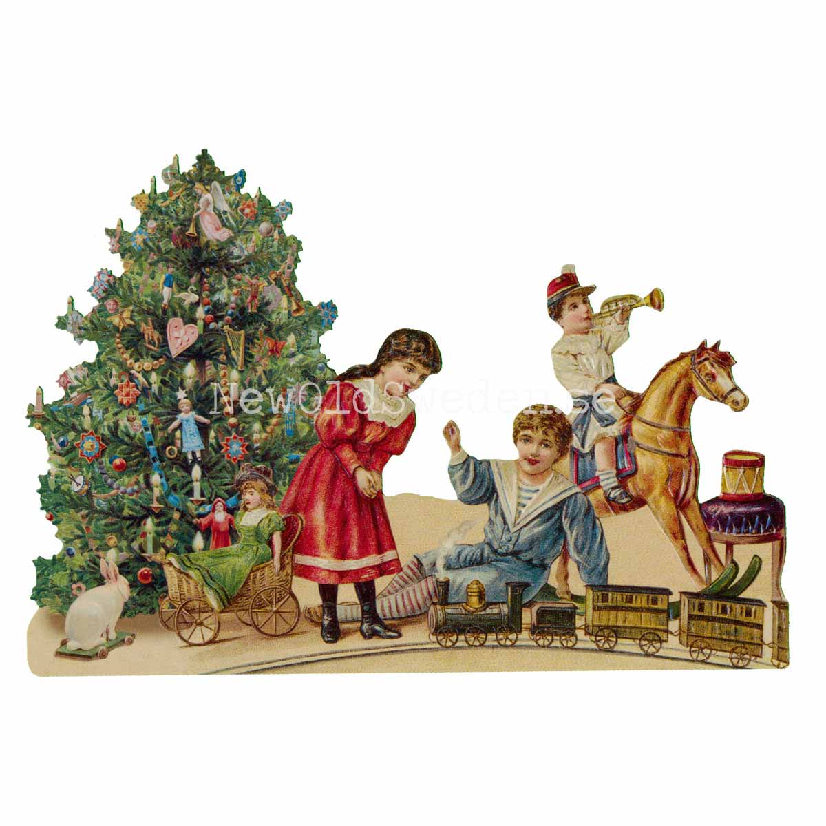 Children with Christmas Tree and Toy Train 16.5x11.5 cm - Bokmärke © Ernst Freihoff 5180 - 3