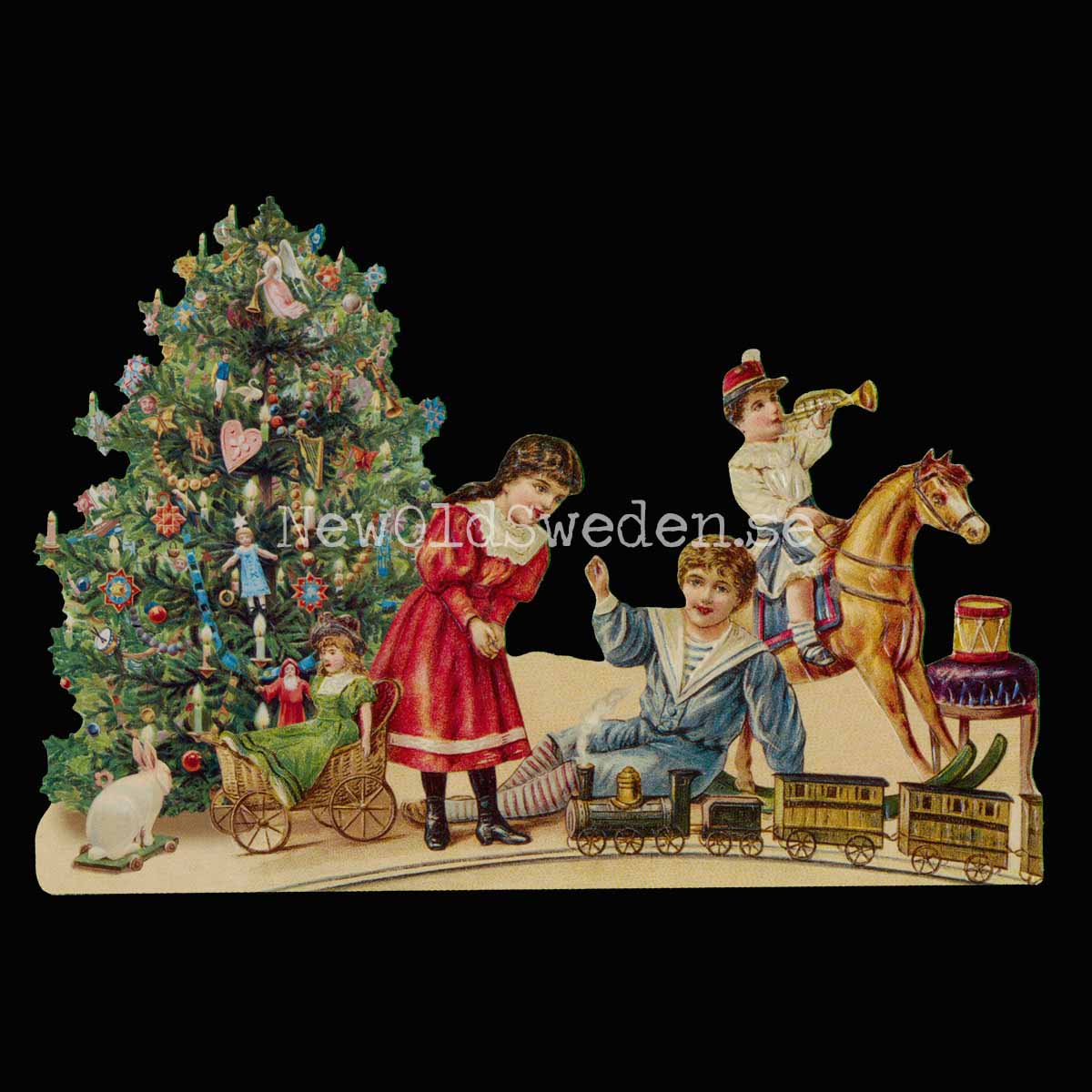 Children with Christmas Tree and Toy Train 16.5x11.5 cm - Bokmärke © Ernst Freihoff 5180