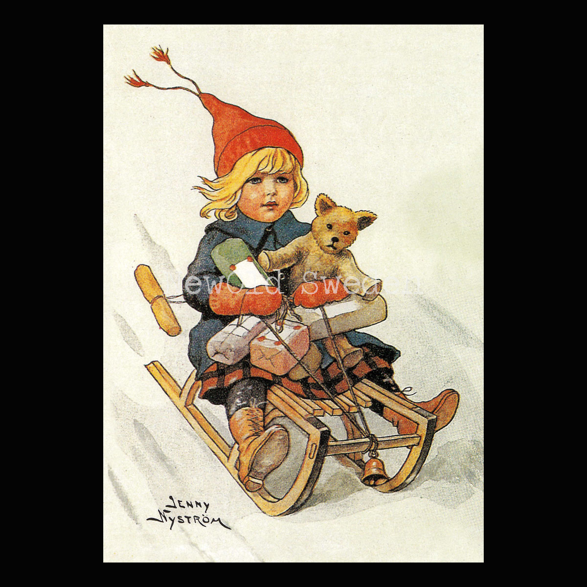 Flicka på kälken - God Jul & Gott Nytt År - Jenny Nyström - Julkort A4 - BB18