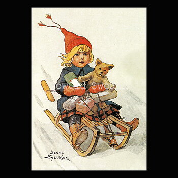 Flicka på kälken - God Jul & Gott Nytt År - Jenny Nyström - Julkort A4 - BB18