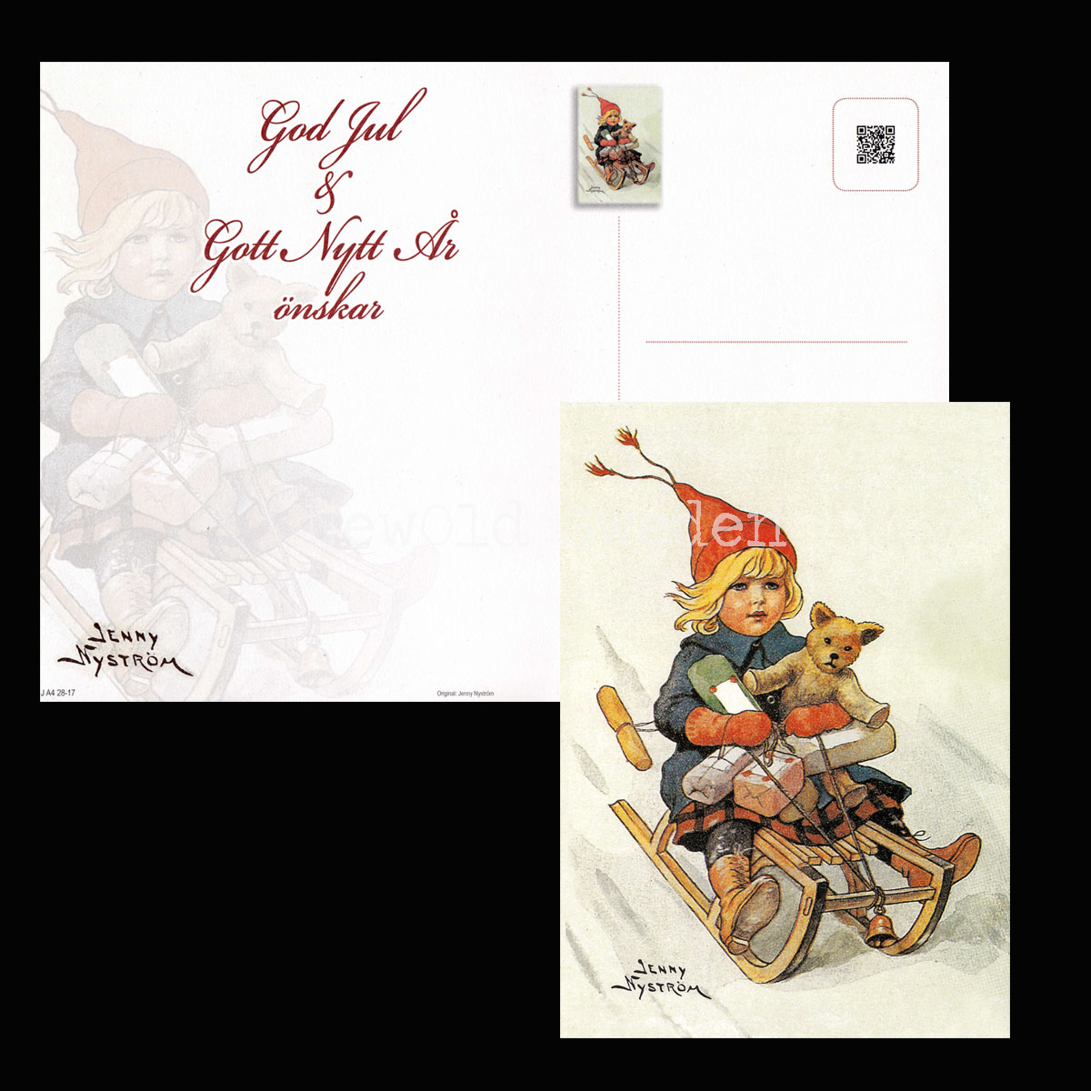 Flicka på kälken - God Jul & Gott Nytt År - Jenny Nyström - Julkort A4 - BB18 - 2