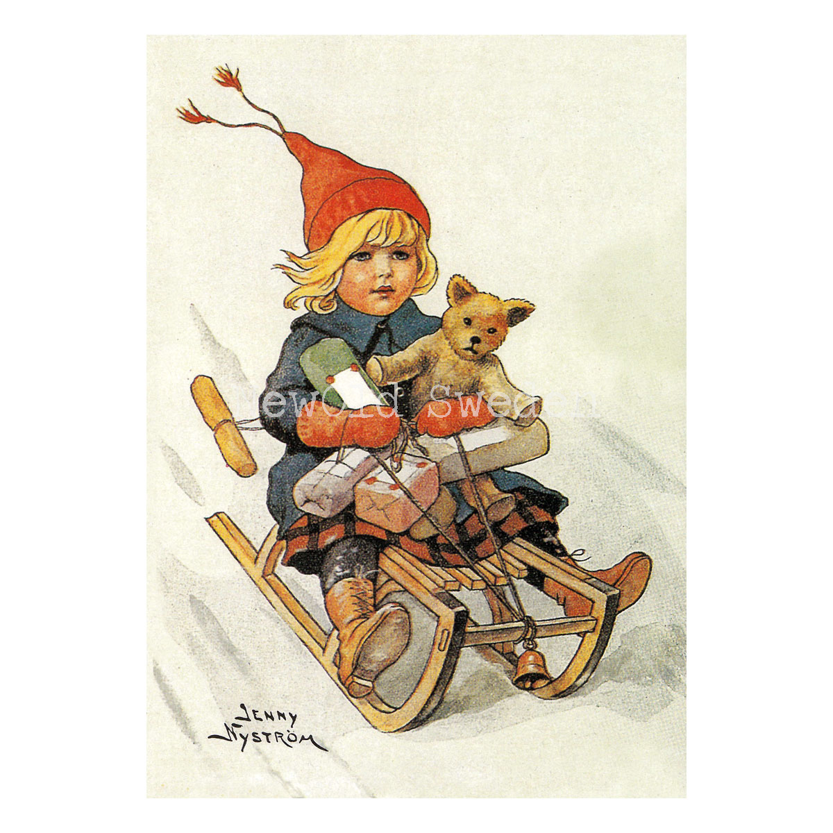 Flicka på kälken - God Jul & Gott Nytt År - Jenny Nyström - Julkort A4 - BB18 - 3