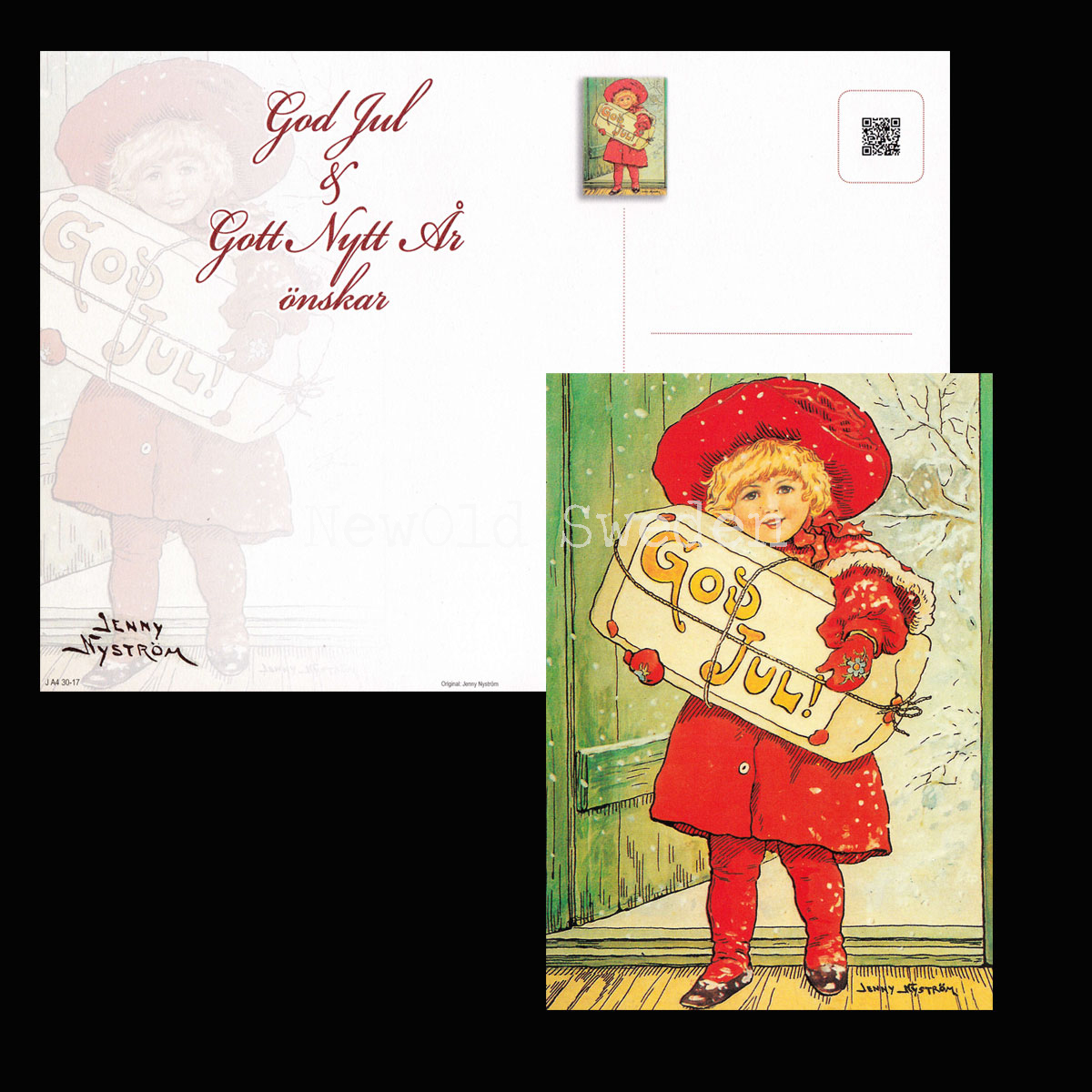 Flickan med julpaket - God Jul & Gott Nytt År- Jenny Nyström - Julkort A4 - BB18 - 2
