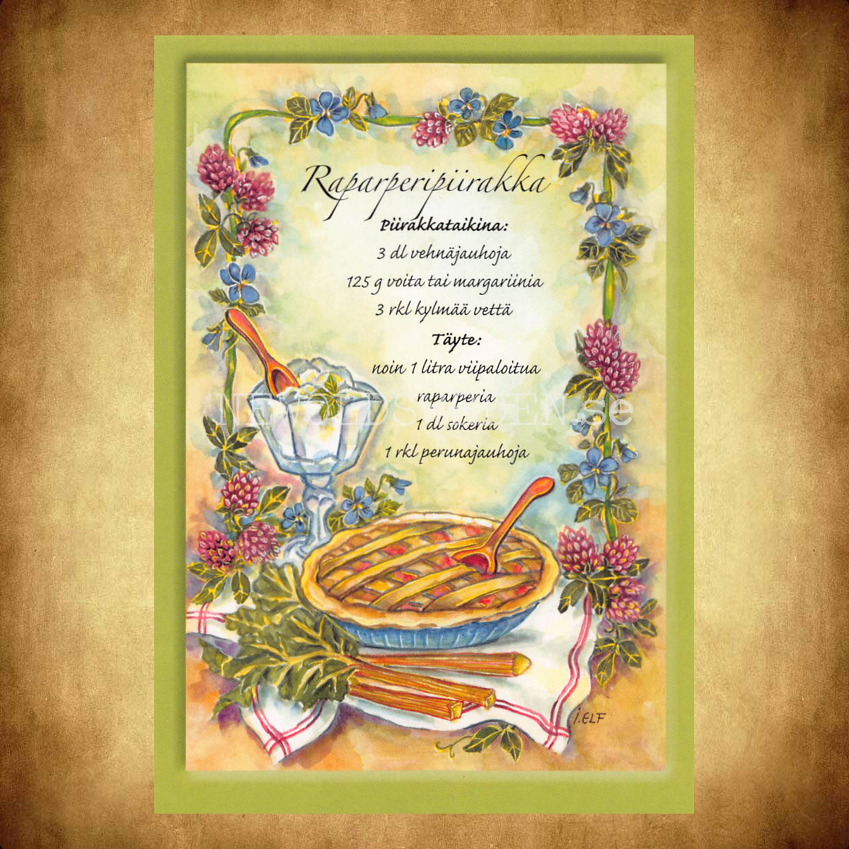 Raparperipiirakka Rabarberpaj - Reseptipostikortti  - Receptvykort - Ingrid Elf - 962 - 3