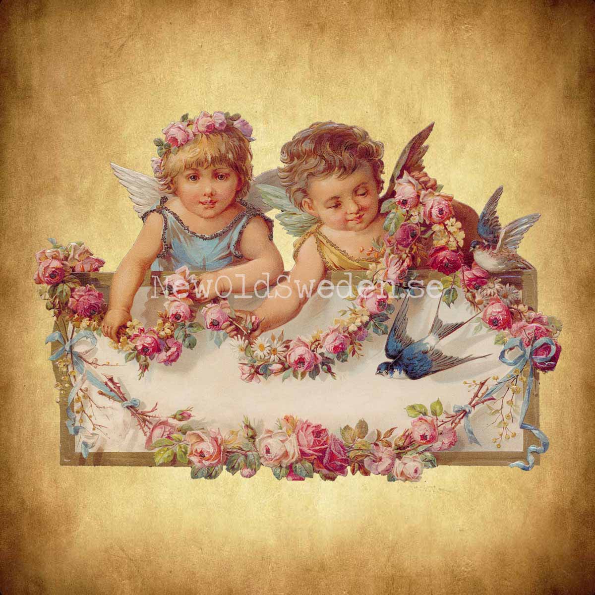 Two Angels with Flowers 16.5x11.5 cm - Bokmärke © Ernst Freihoff 5045 - 2