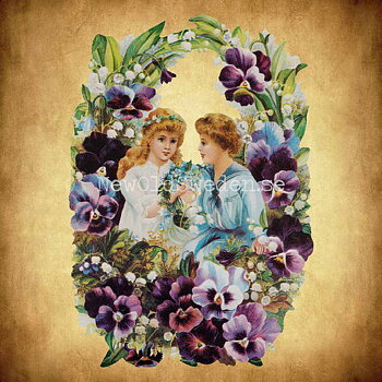 Two Children in a Basket with Pansies 11x16.5 cm - Bokmärke © Ernst Freihoff 5133