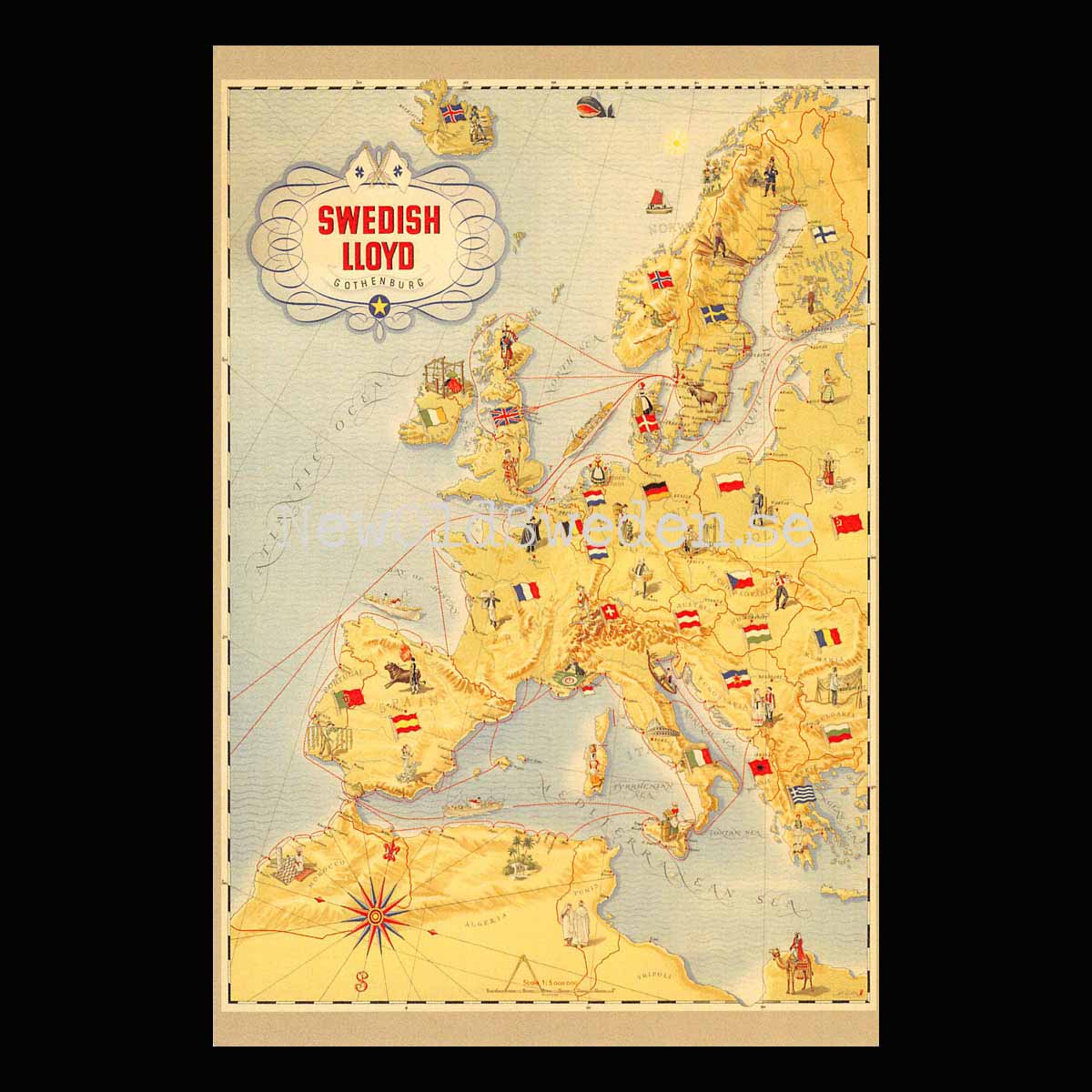 Svenska Lloyd. Karta över Europa - 1940-tal - Vykort 12 x 18 cm