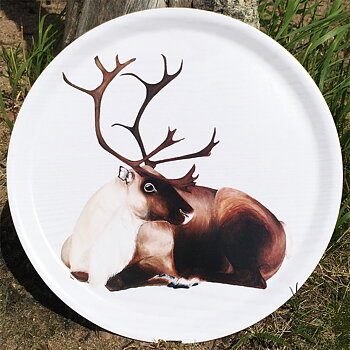 Round tray 38 cm - Resting reindeer - Winter birch