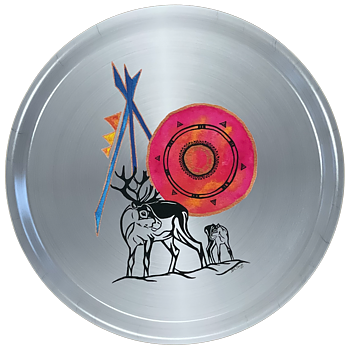 Round tray 38 cm - Reindeer doe with calf - Tin