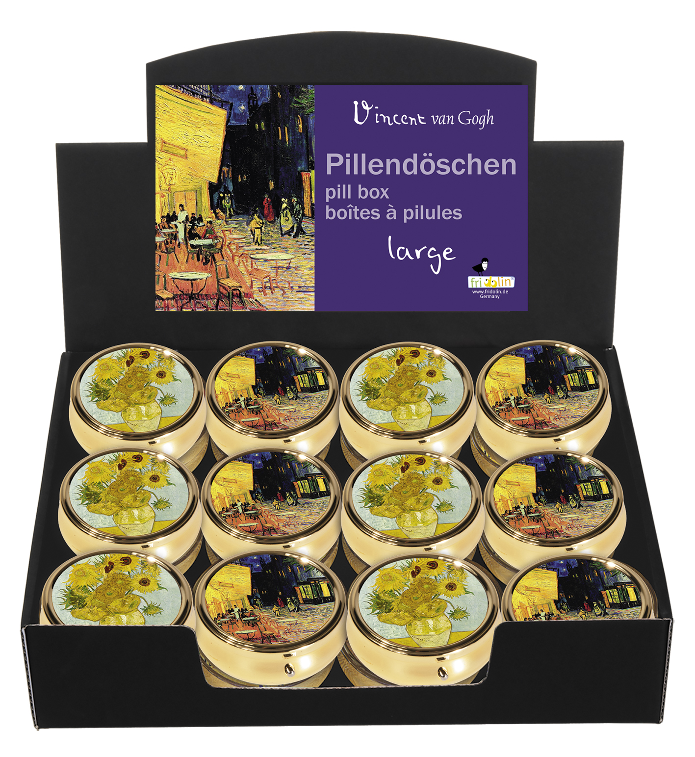 Runda pilleraskar med spegel, stor, Vincent van Gogh, Bordsdisplay med 24 st., TEMA-produkt