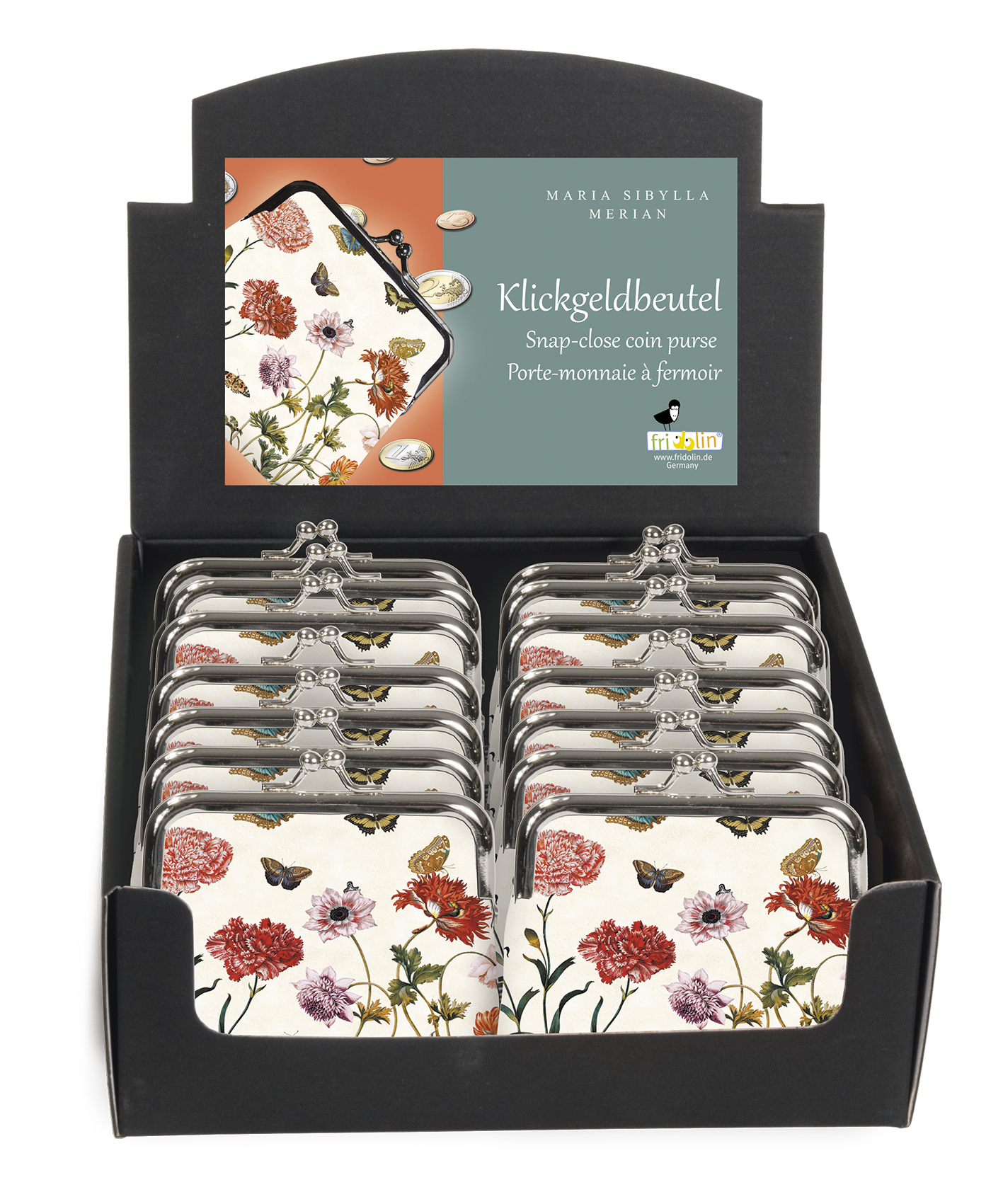 Portmonnäer, Maria Sibylla Merian, Bordsdisplay med 12 st.