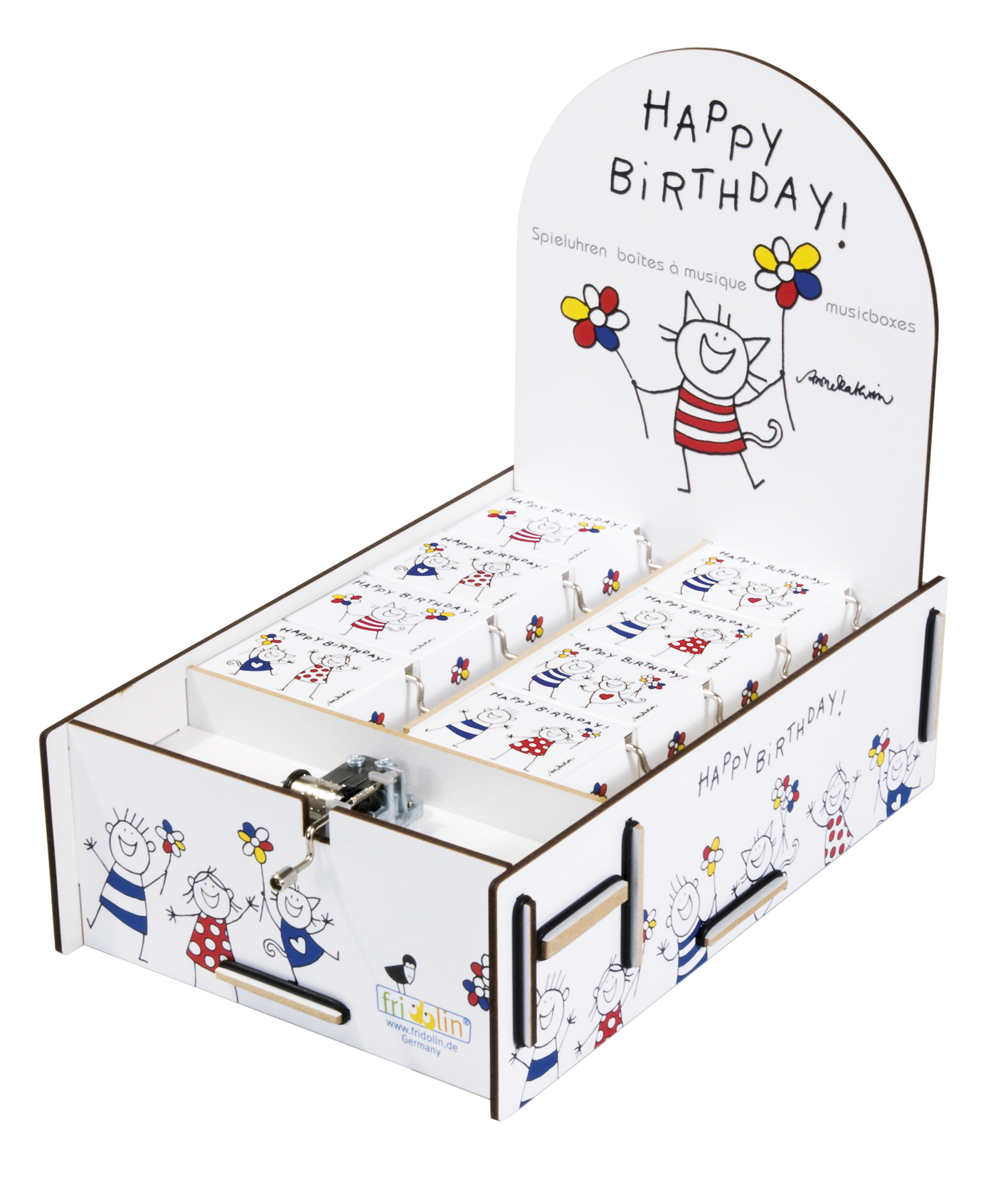 Speldosor, Art & Music Box-display, Happy Birthday, med 16 st.+1 st. demo.