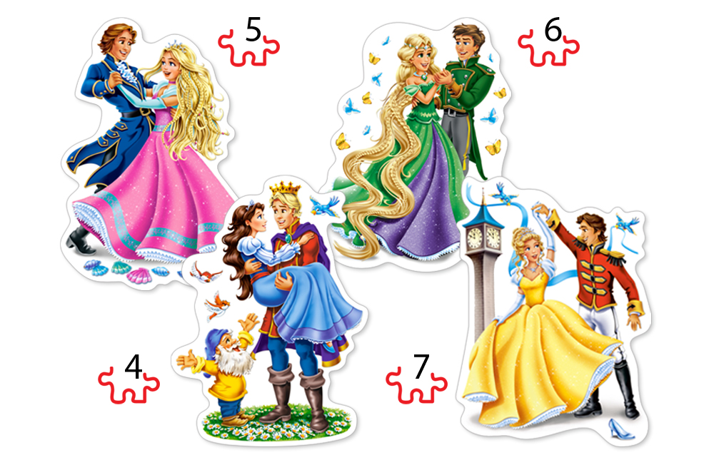 Princesses in Love, 4 puslespil - figurformede, 4, 5, 6 og 7 brikker (B-04461)