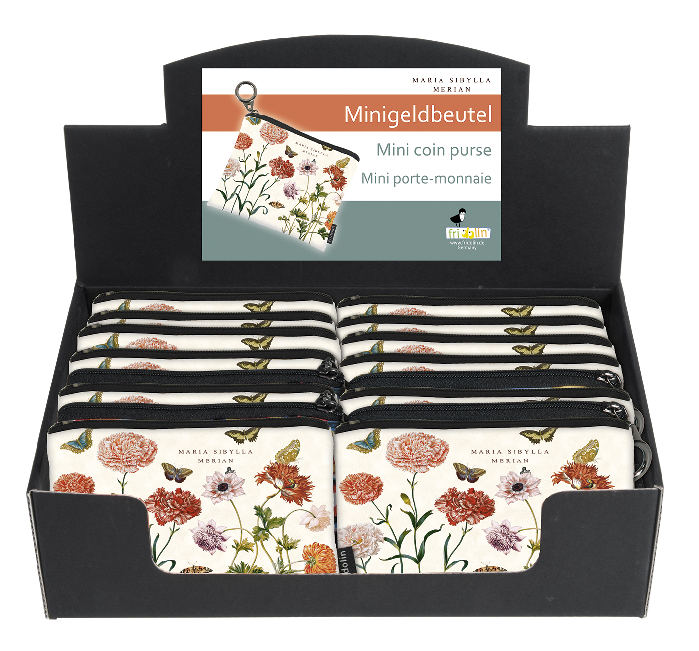 Mini-portmonnäer, Maria Sibylla Merian, Bordsdisplay med 24 st.