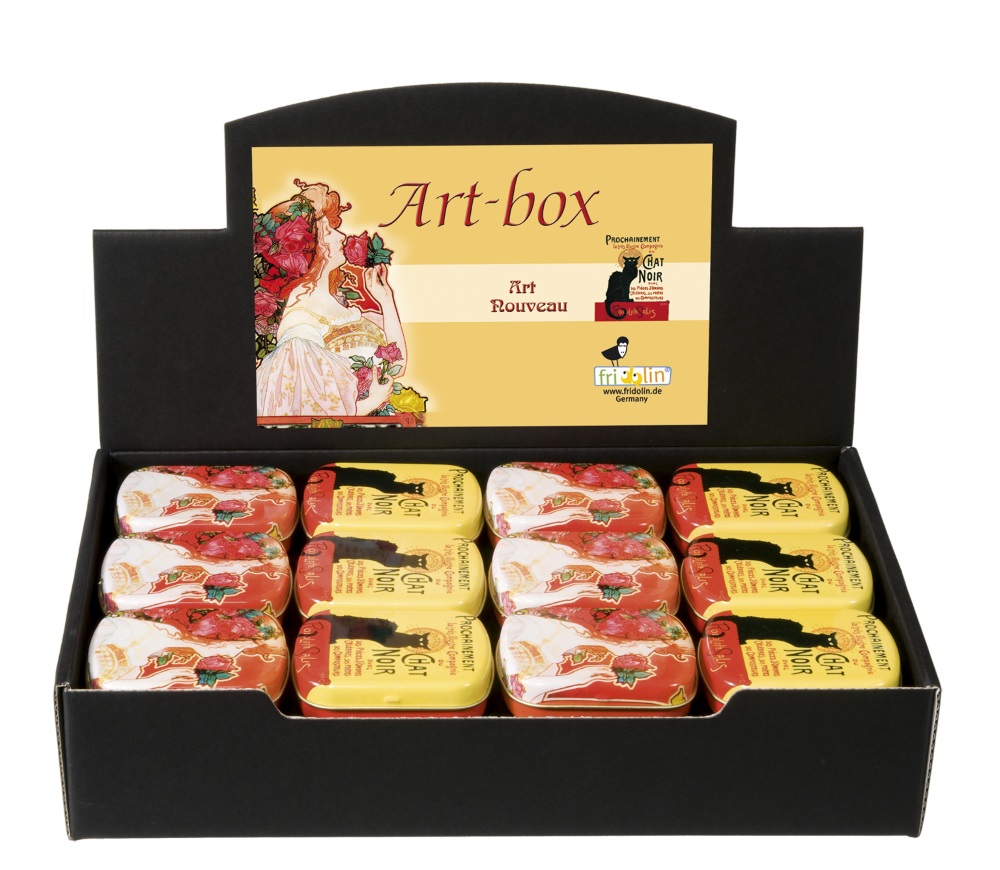 Art-boxes, Art Nouveau, Bordsdisplay med 36 st.