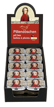 Pilleæsker med spejl, Wolfgang Amadeus Mozart, Borddisplay med 30 stk. TEMA-produkt