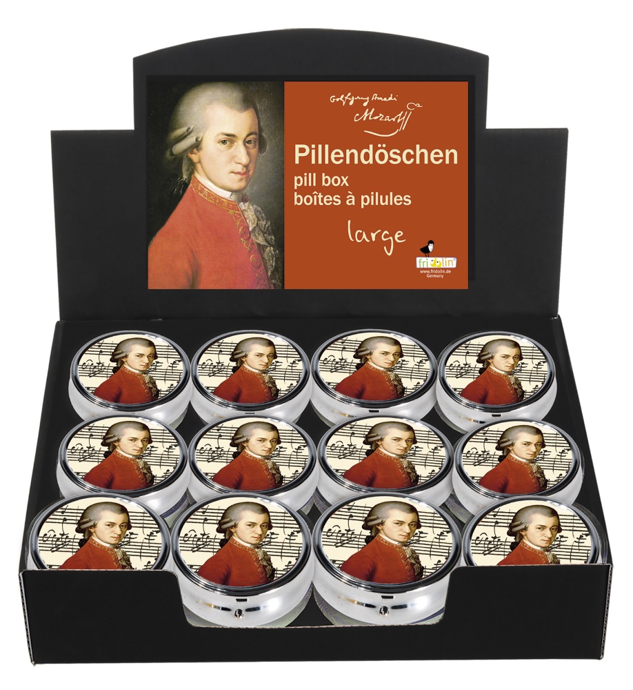Runde pilleæsker med spejl, stor, Wolfgang Amadeus Mozart, Borddisplay med 24 stk. TEMA-produkt