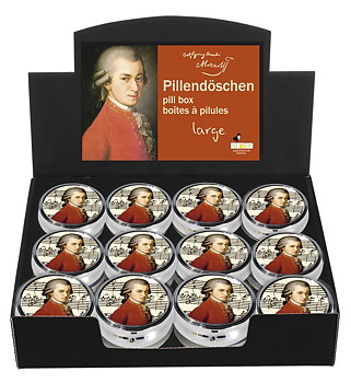 Runde pilleæsker med spejl, stor, Wolfgang Amadeus Mozart, Borddisplay med 24 stk. TEMA-produkt