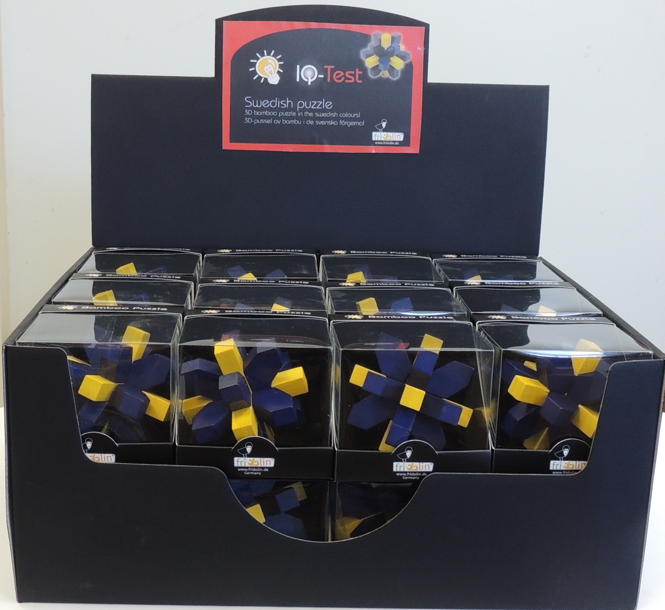 Bambu-3D-pussel, färgade, Swedish Puzzle, Bordsdisplay med 24 st.