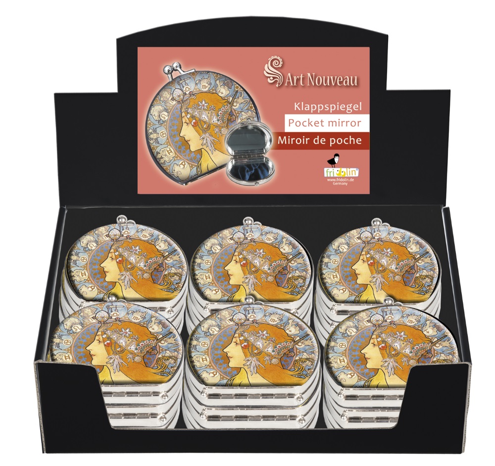 Sminkspeglar, tygklädda, Art Nouveau, Bordsdisplay med 18 st., TEMA-produkt