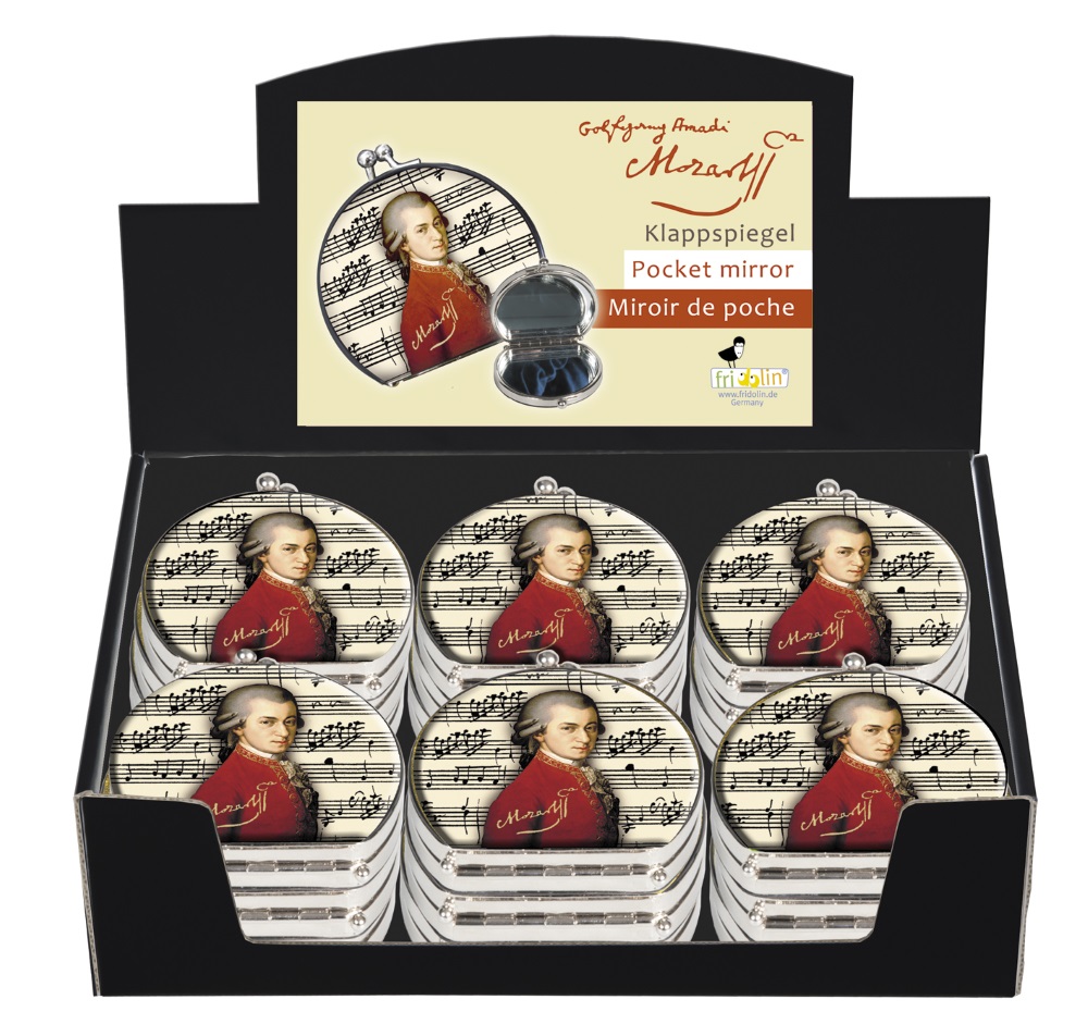 Sminkespejle, stofbeklædte, Wolfgang Amadeus Mozart, Borddisplay med 18 stk. TEMA-produkt