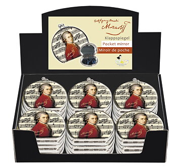 Sminkespejle, stofbeklædte, Wolfgang Amadeus Mozart, Borddisplay med 18 stk. TEMA-produkt