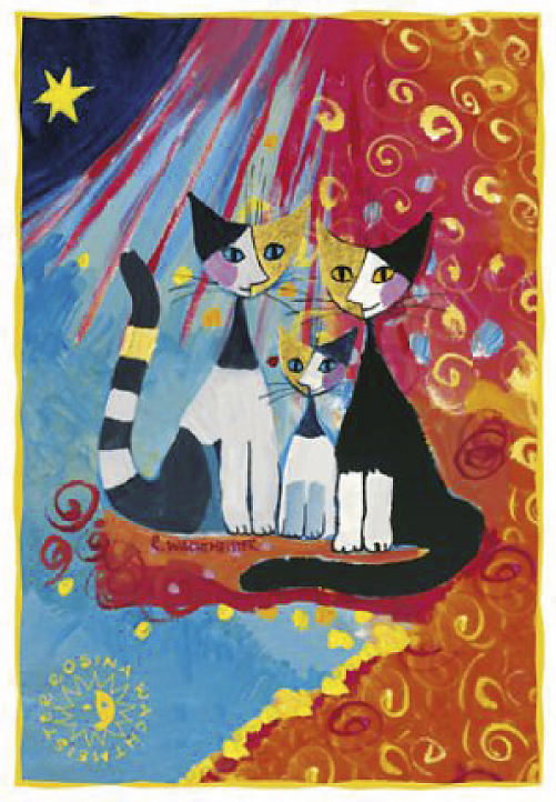Dubbla kort med kuvert, Kattfamilj, röd högerkant, Rosina Wachtmeister (33007015/67015)