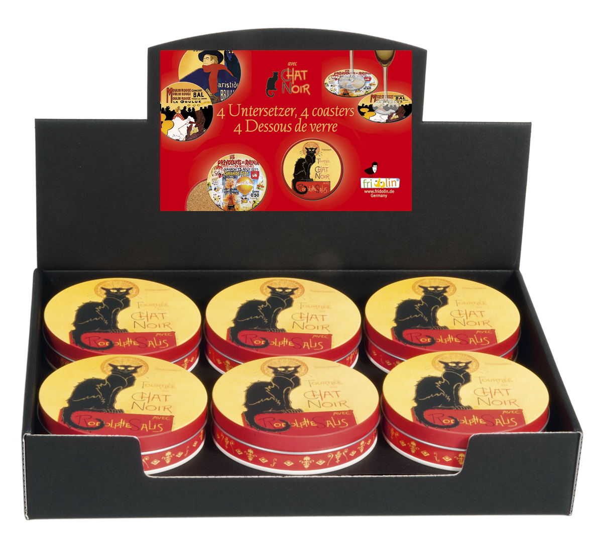 Glasunderlag, Chat Noir, Steinlen, Borddisplay med 12 dåser TEMA-produkt