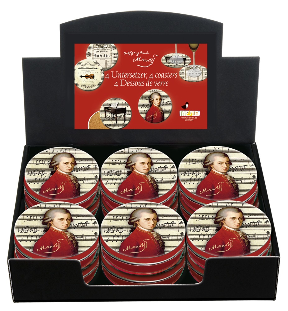 Glasunderlag, Wolfgang Amadeus Mozart, Borddisplay med 12 dåser TEMA-produkt