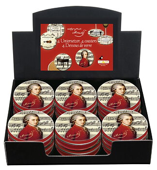 Glasunderlag, Wolfgang Amadeus Mozart, Borddisplay med 12 dåser TEMA-produkt