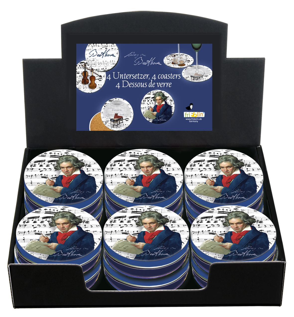 Glasunderlag, Ludwig van Beethoven, Borddisplay med 12 dåser TEMA-produkt