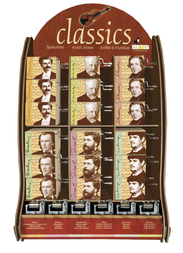 Spilledåser, Art & Music Box-display, Classics 2, Borddisplay med 36 stk.+6 stk. demo. TEMA-produkt